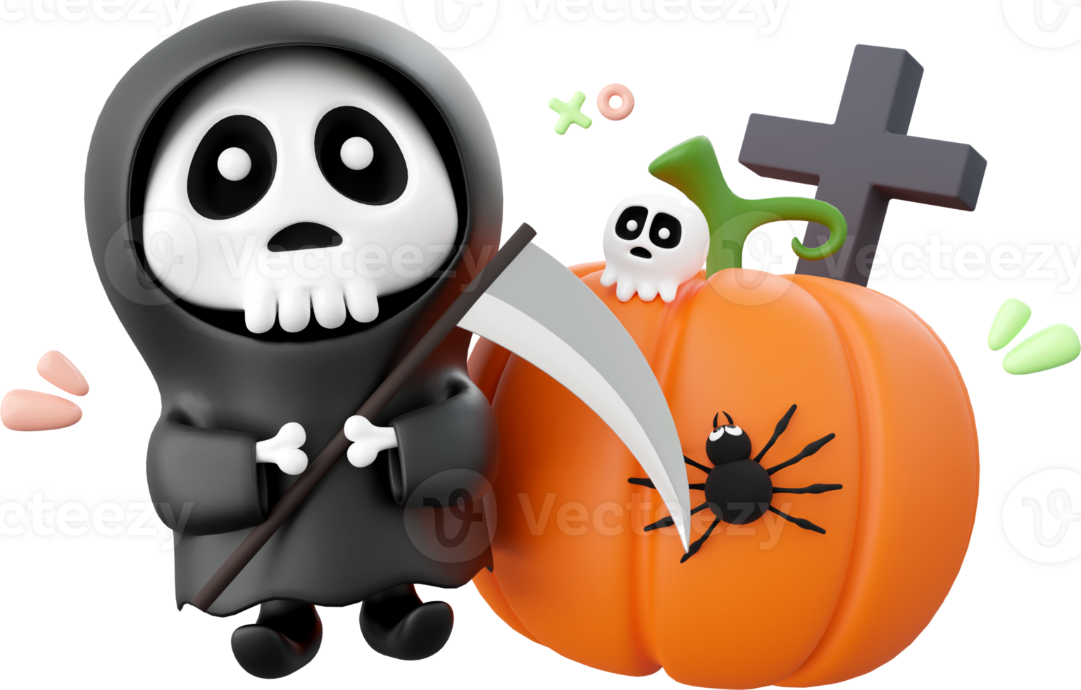Cute ghost with pumpkin, Halloween theme elements 3d illustration png