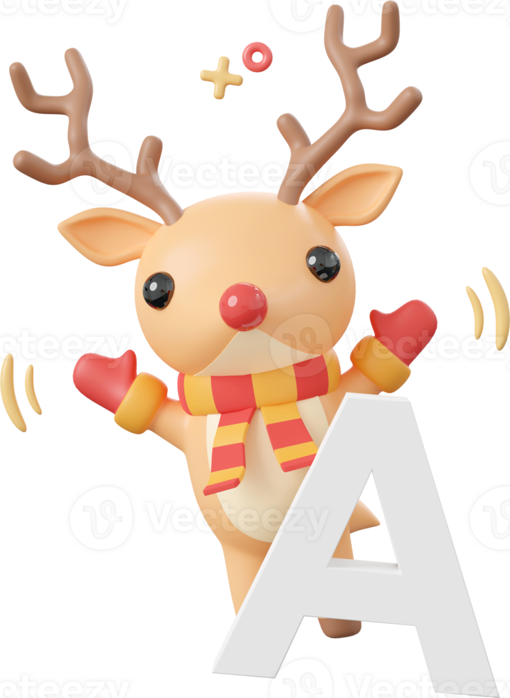 Reindeer with A alphabet, Christmas theme elements 3d illustration png
