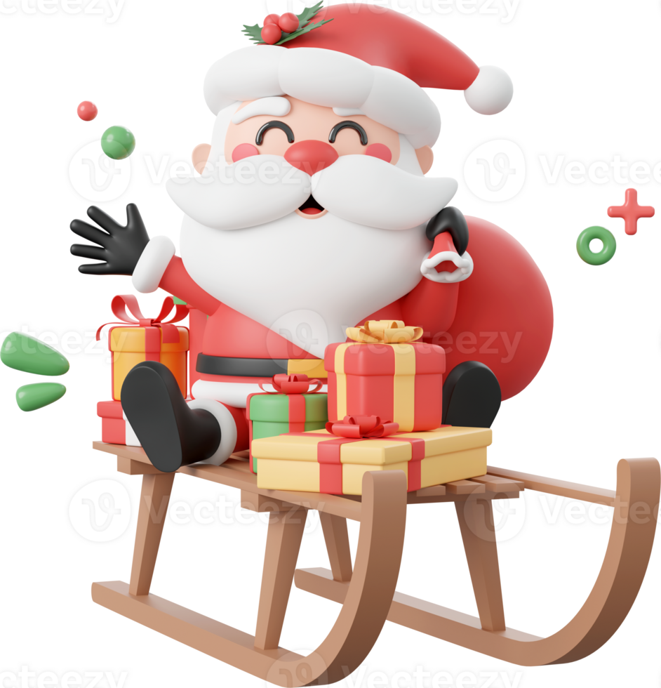 Santa Claus and Christmas gift on sleigh, Christmas theme elements 3d illustration png