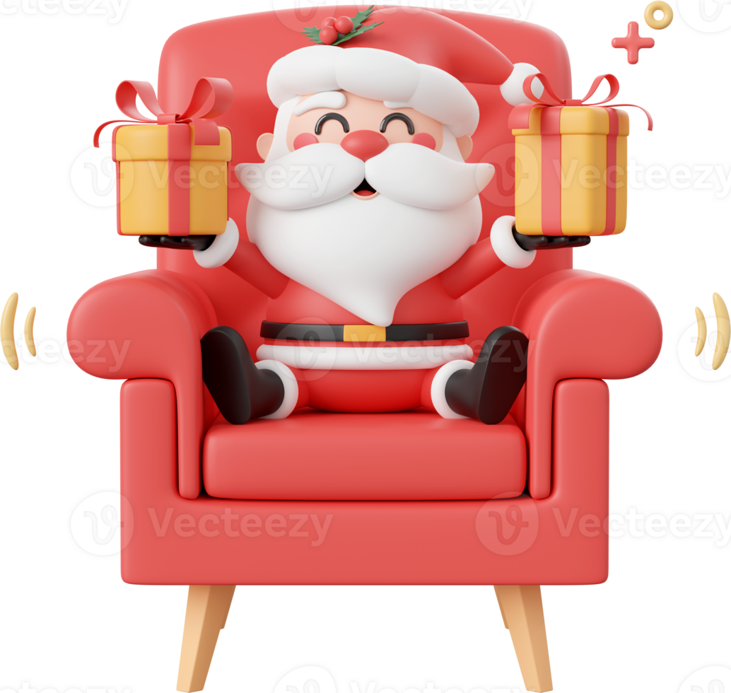 Santa Claus sitting on sofa and holding Christmas gift, Christmas theme elements 3d illustration png