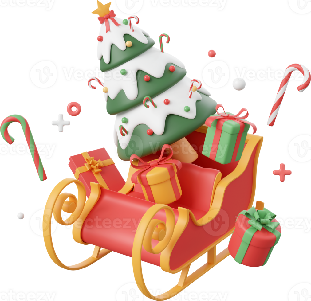 Sleigh with Christmas tree and decorations, Christmas theme elements 3d illustration png
