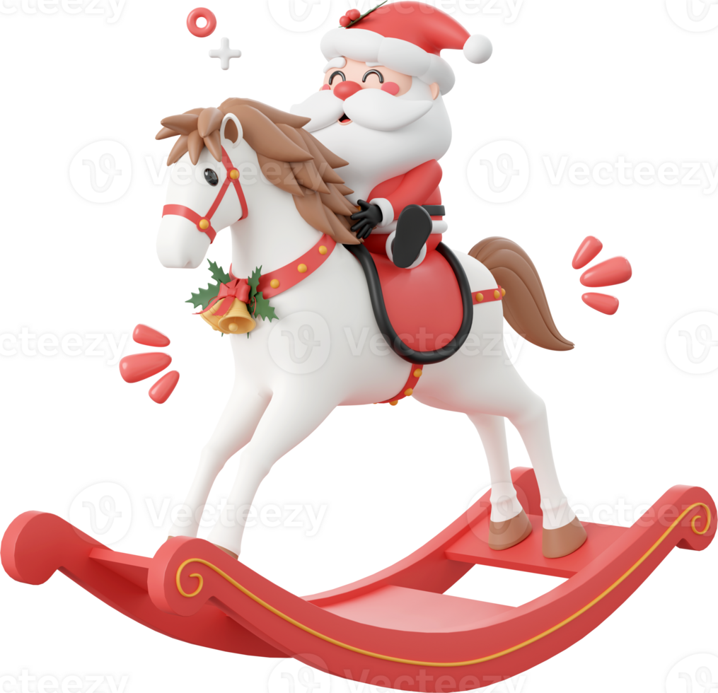 Père Noël claus équitation balancement cheval, Noël thème éléments 3d illustration png