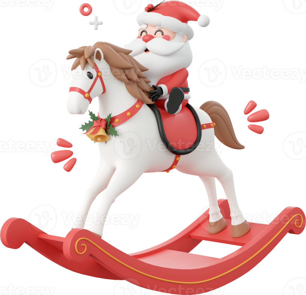 Santa Claus riding rocking horse, Christmas theme elements 3d illustration png