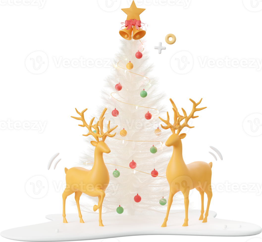 Reindeer and Christmas tree on snow ground, Christmas theme elements 3d illustration png