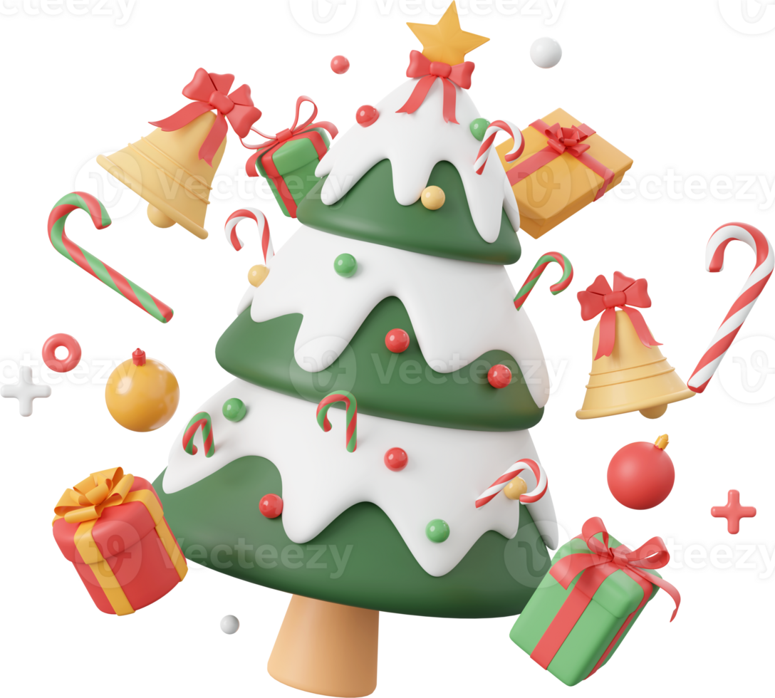 Christmas tree with gift and decorations, Christmas theme elements 3d illustration png