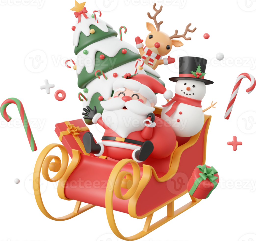 Santa Claus with snowman and reindeer on sleigh, Christmas theme elements 3d illustration png