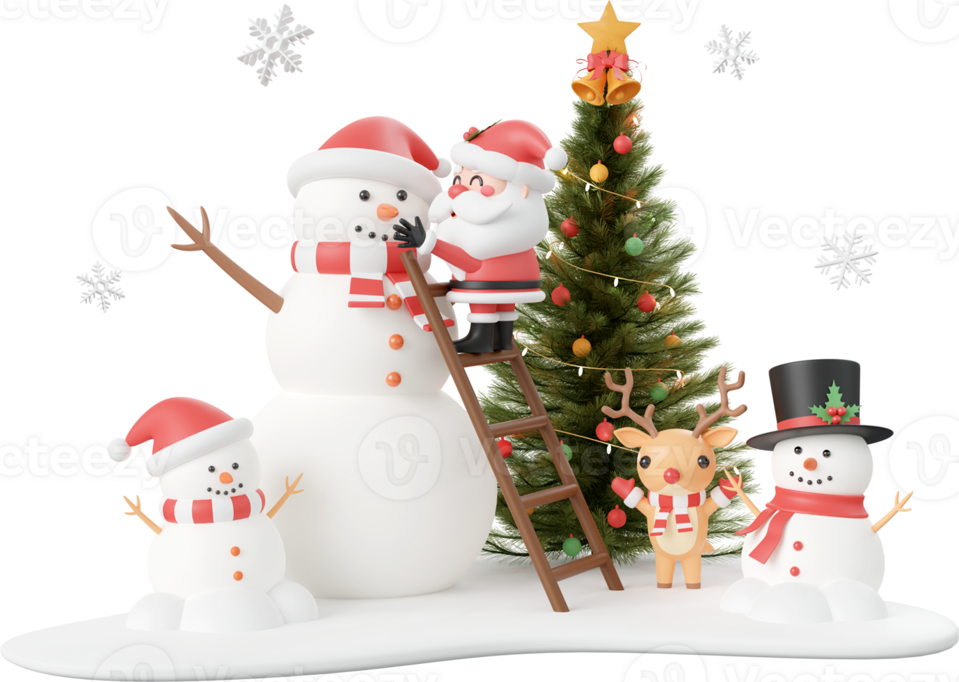 Santa Claus, snowman and reindeer with Christmas tree in opened gift box, Christmas theme elements 3d illustration png