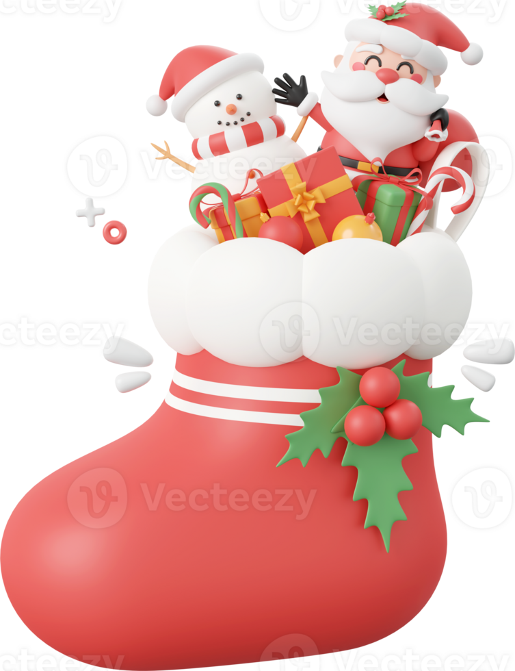 Santa Claus and snowman with decorations in Christmas sock, Christmas theme elements 3d illustration png