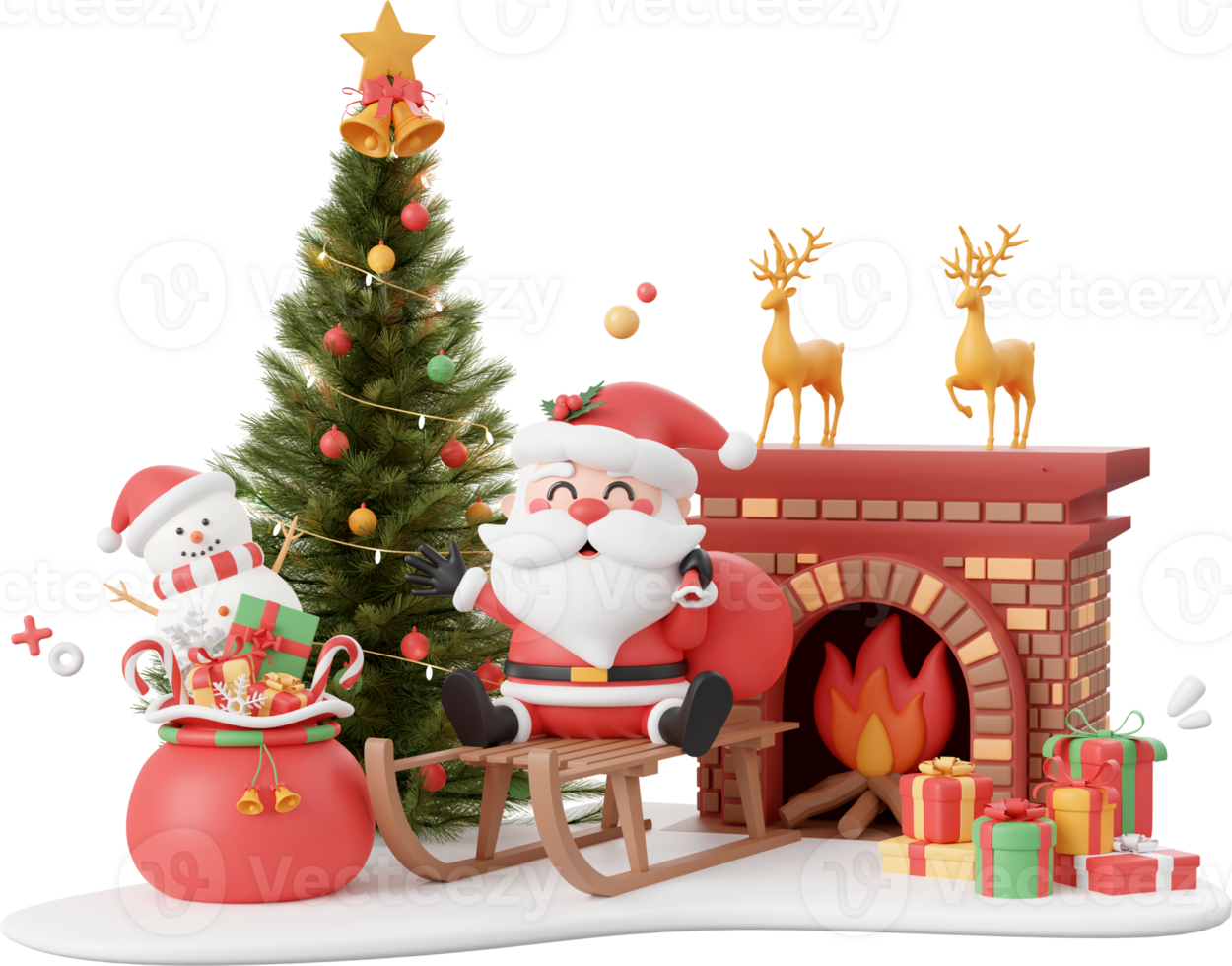 Christmas scene of Santa Claus, snowman and Christmas tree, Christmas theme elements 3d illustration png