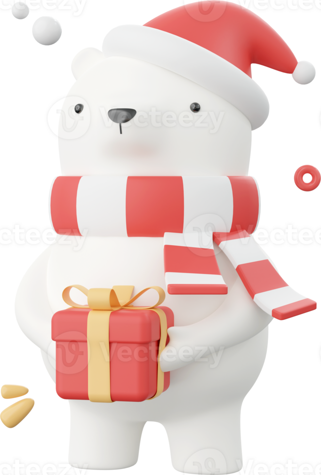 Cute bear with Santa hat holding Christmas gift box, Christmas theme elements 3d illustration png