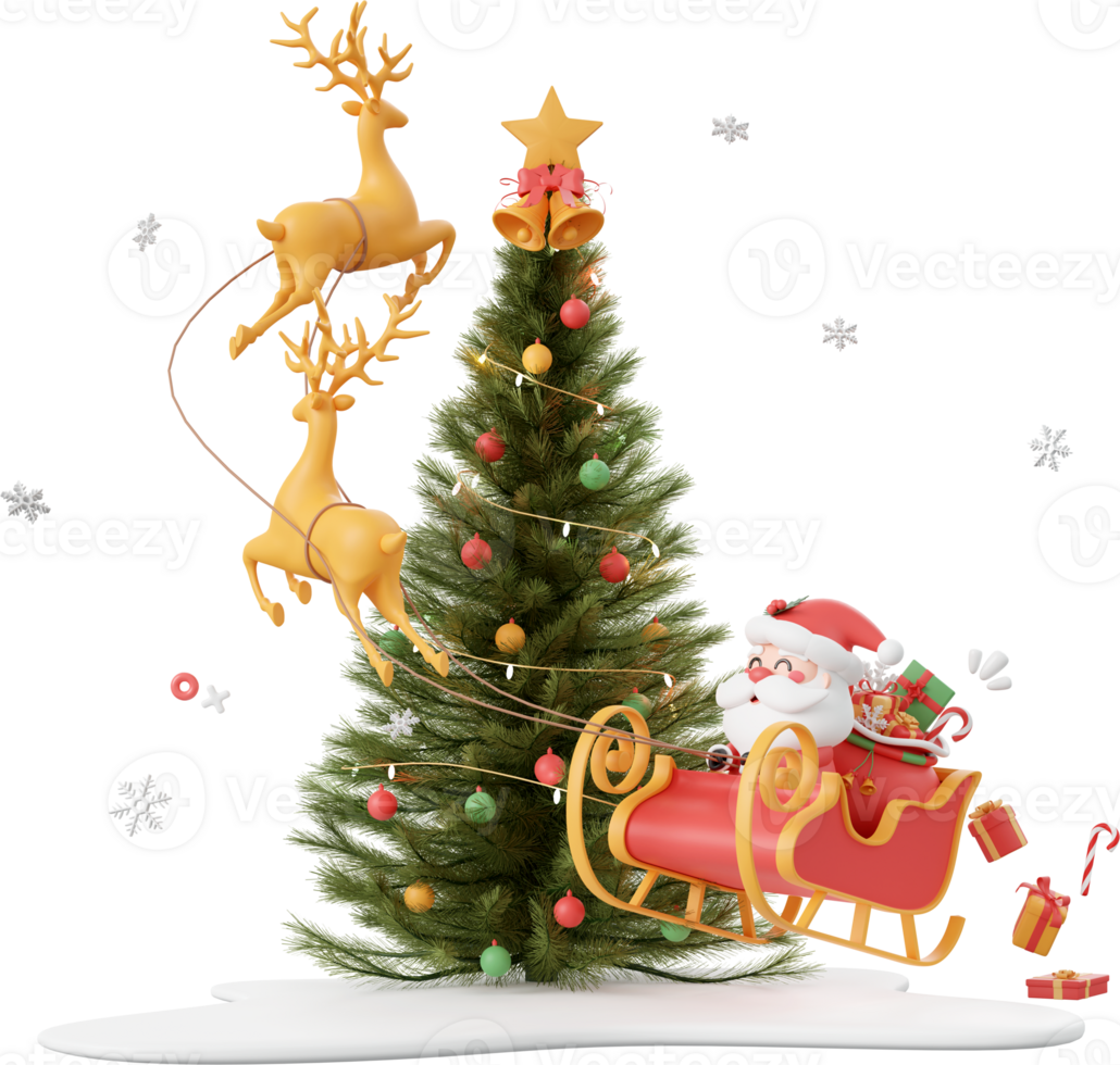 Santa Claus riding a sleigh around Christmas tree, Christmas theme elements 3d illustration png