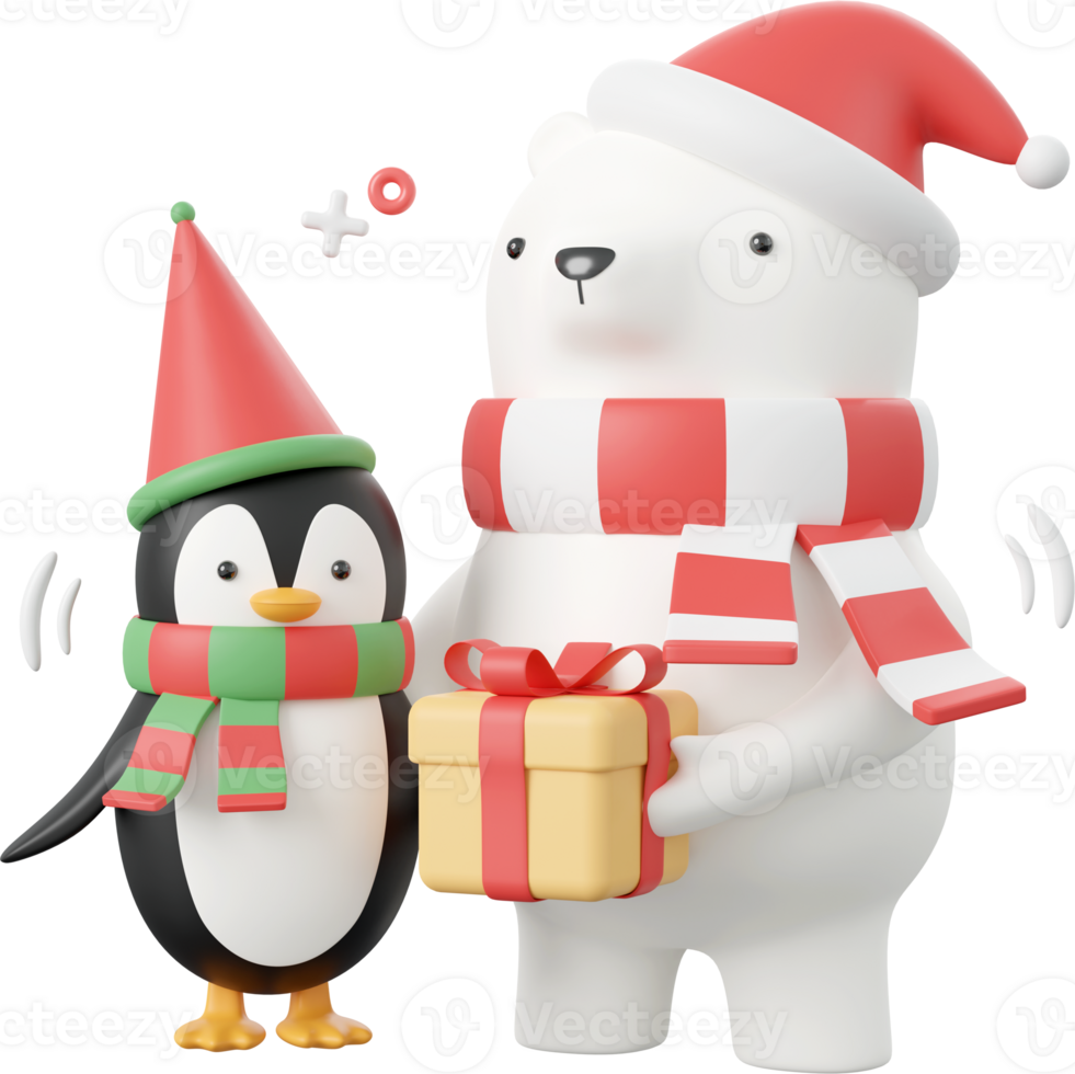 Cute penguin and bear with Santa hat holding Christmas gift box, Christmas theme elements 3d illustration png