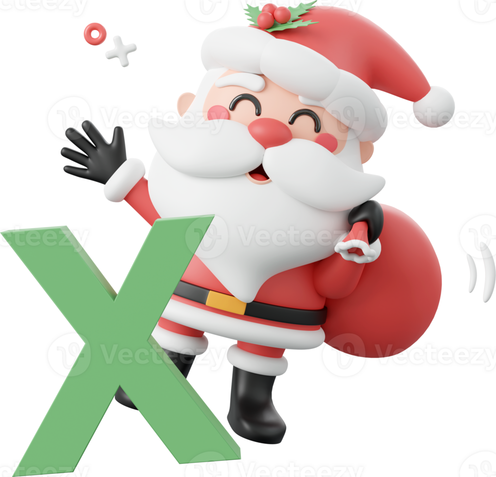 Santa Claus with X alphabet, Christmas theme elements 3d illustration png