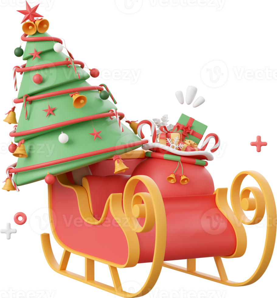 Santa sleigh with Christmas tree, Christmas theme elements 3d illustration png