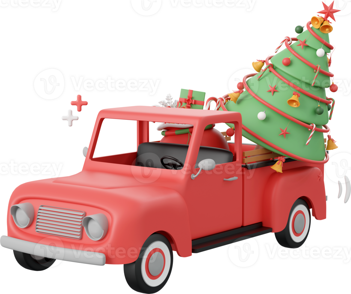 Red truck with Christmas tree, Christmas theme elements 3d illustration png