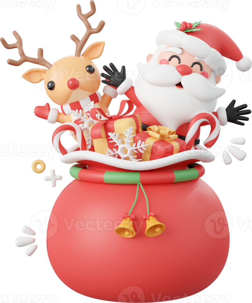 Cute Santa Claus and reindeer with Christmas gift bag, Christmas theme elements 3d illustration png