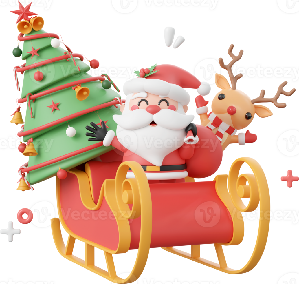 Cute Santa Claus and reindeer with sleigh and Christmas tree, Christmas theme elements 3d illustration png