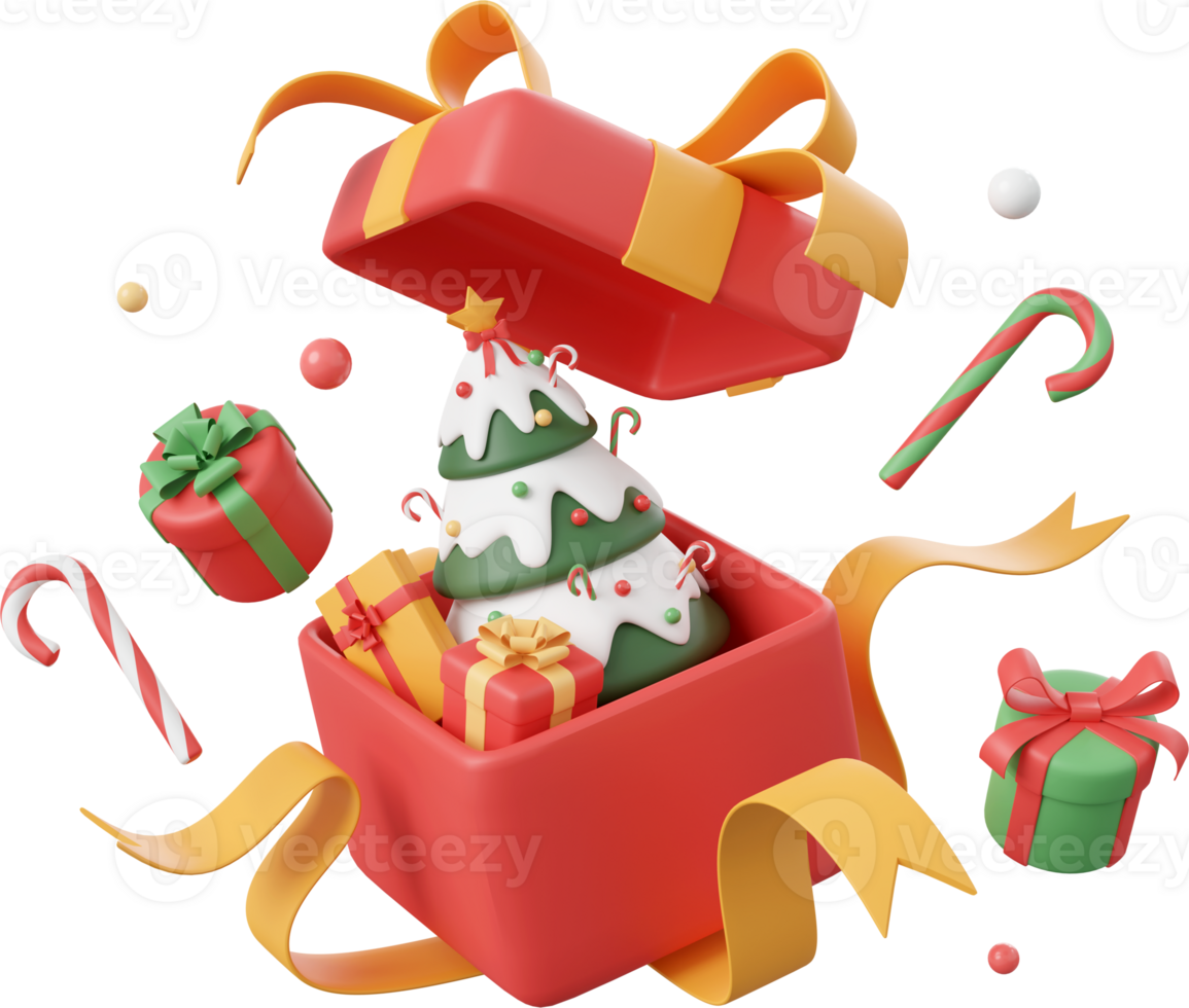 Opened gift box with Christmas tree and decorations, Christmas theme elements 3d illustration png