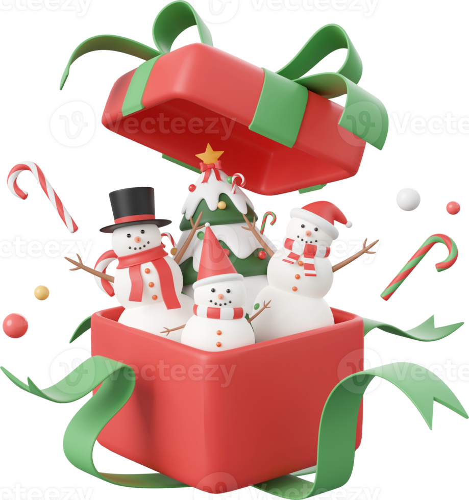 Snowman with decorations in opened gift box, Christmas theme elements 3d illustration png