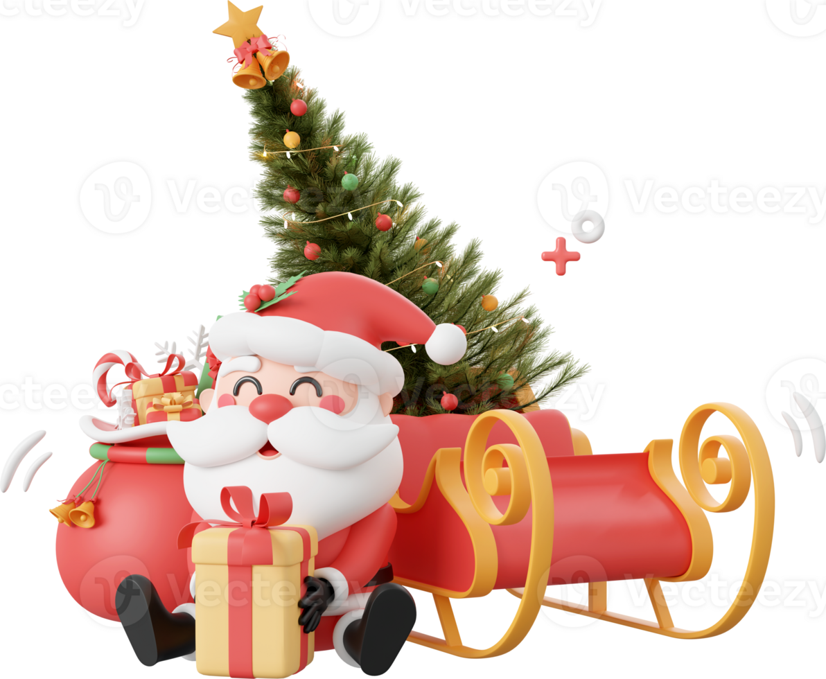Santa Claus with Christmas tree on sleigh, Christmas theme elements 3d illustration png