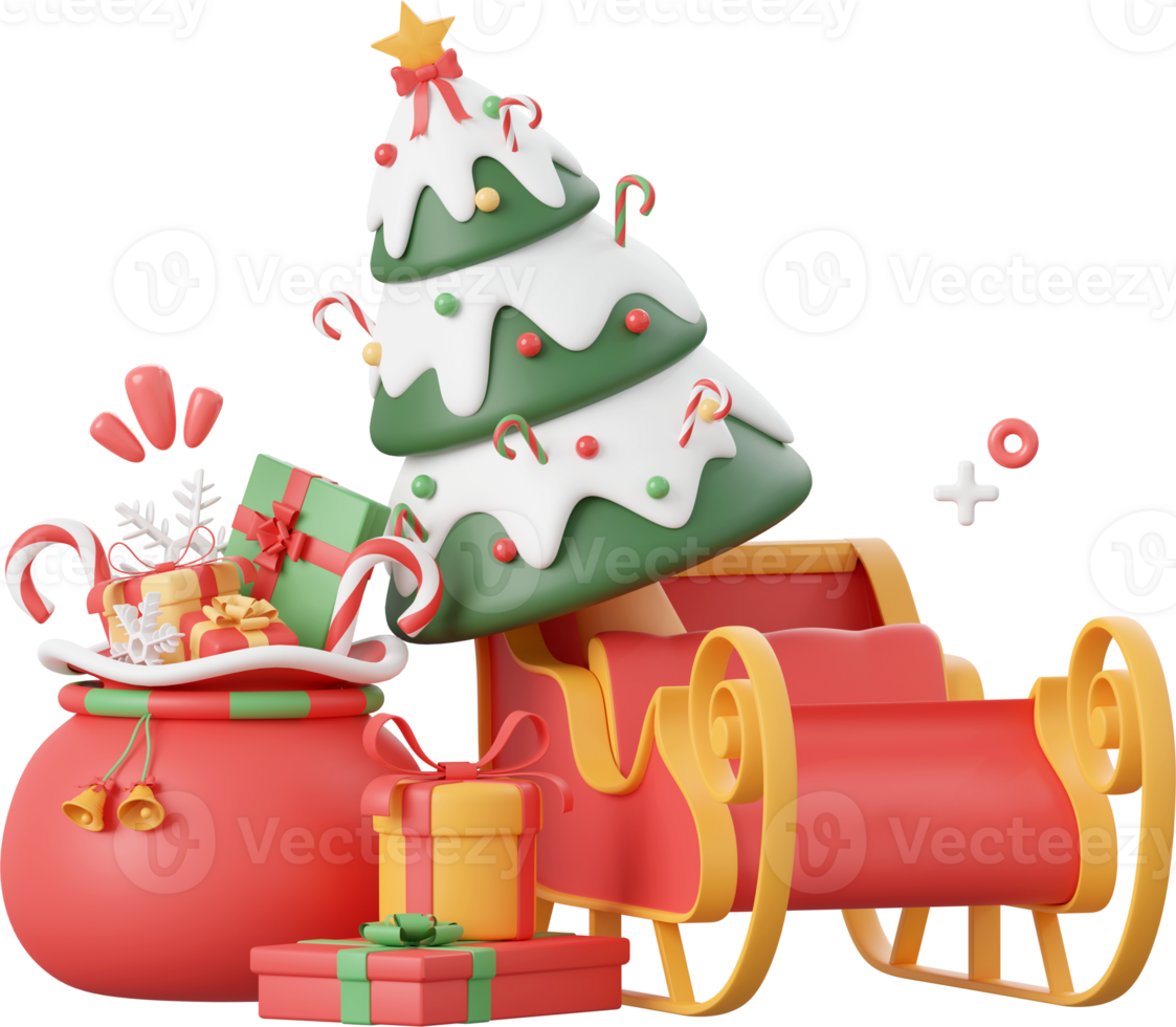 Christmas bag and decorations with Christmas tree on sleigh, Christmas theme elements 3d illustration png