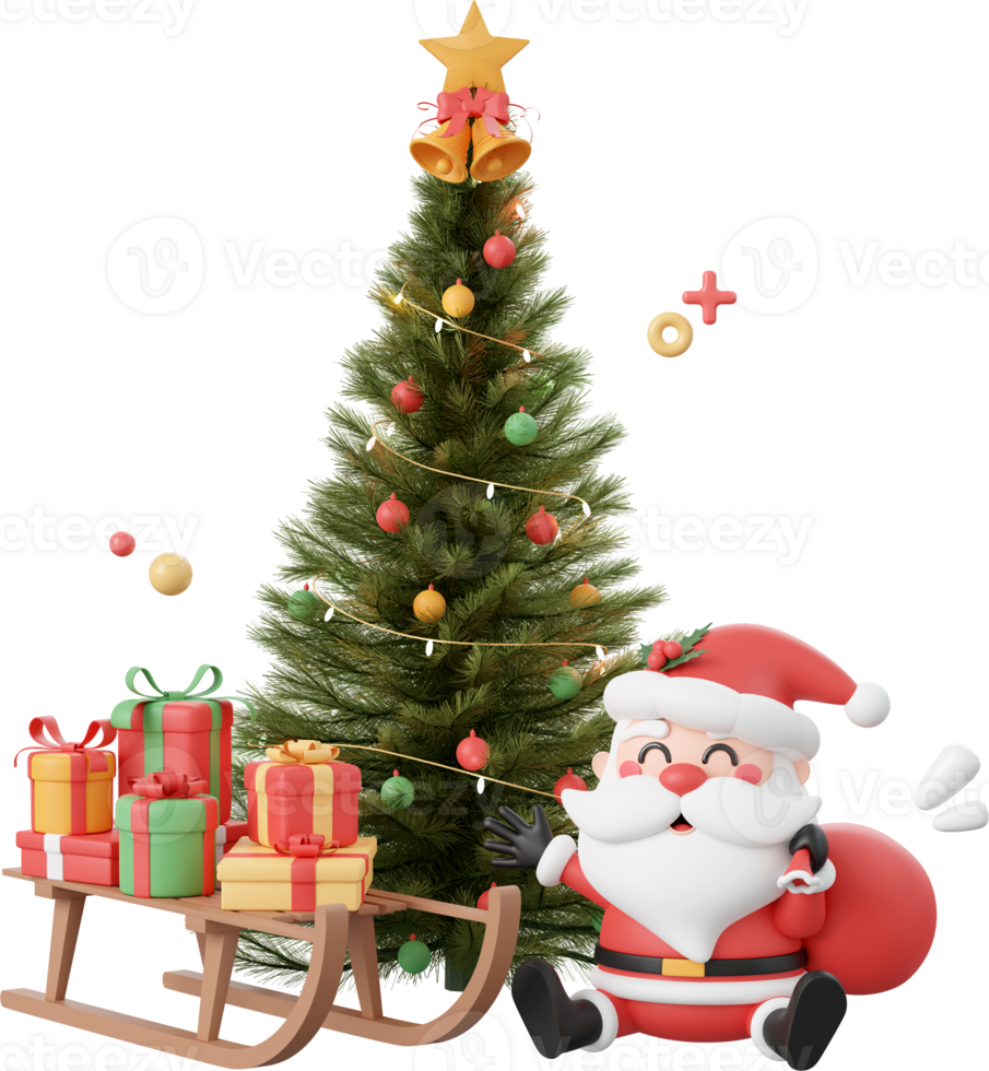 de kerstman claus en Kerstmis geschenk Aan slee met Kerstmis boom, Kerstmis thema elementen 3d illustratie png