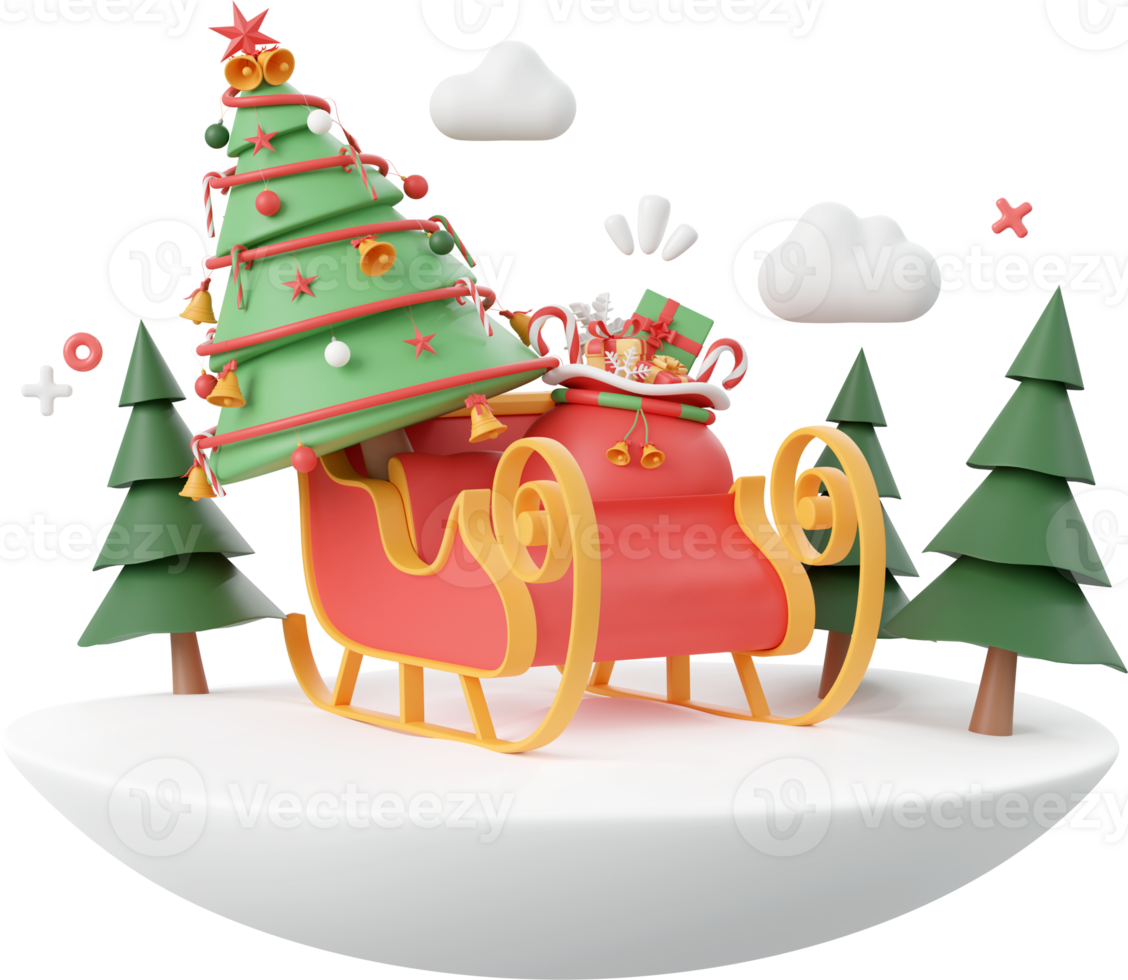 Sleigh with Christmas tree, Christmas theme elements 3d illustration png