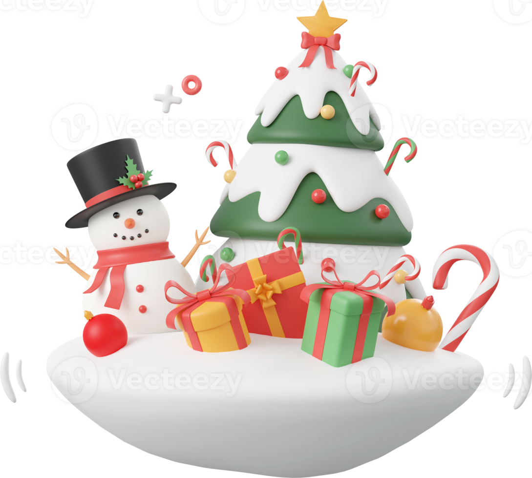 Snowman with Christmas tree and gift box, Christmas theme elements 3d illustration png