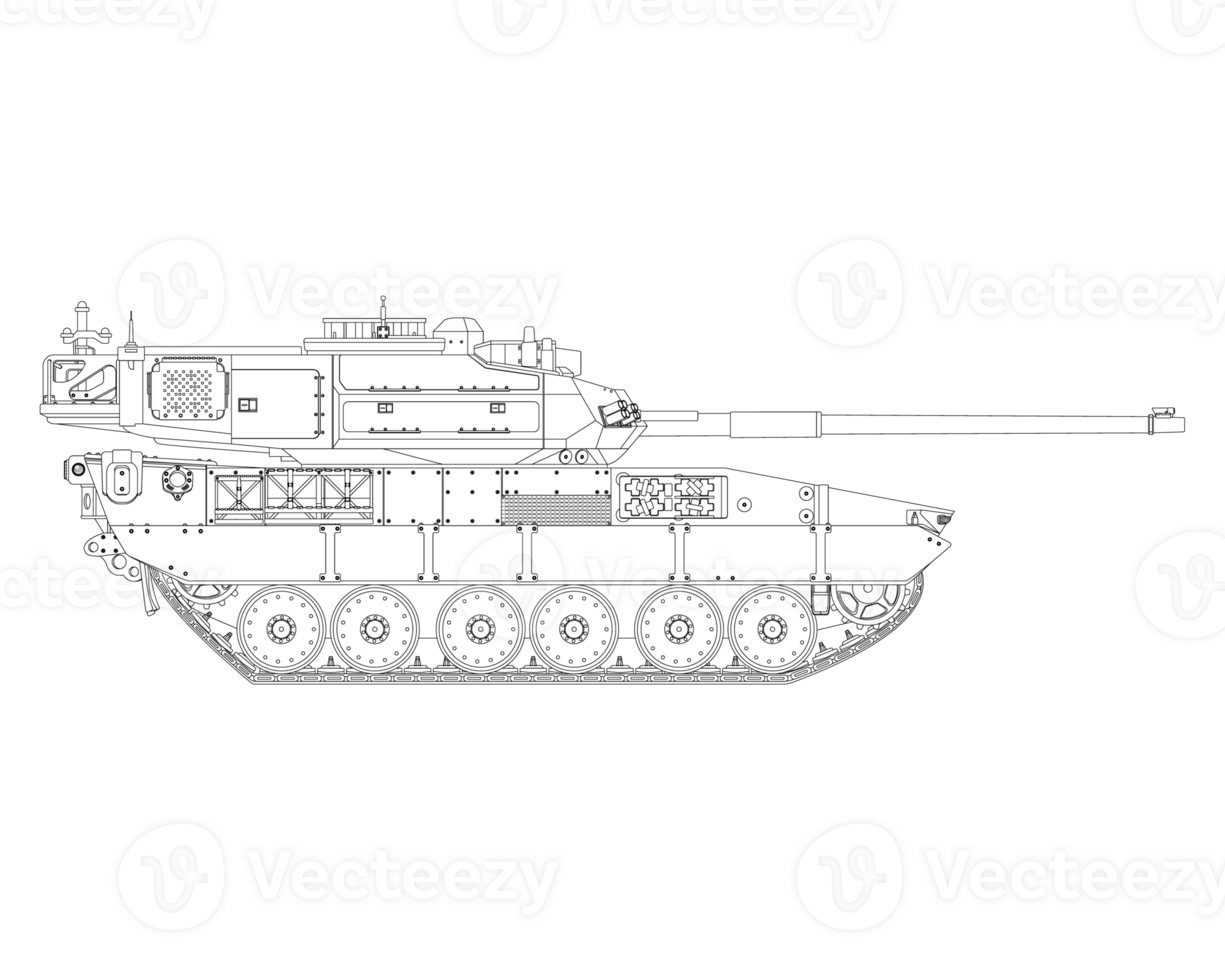 Main battle tank in line art. Armored fighting vehicle. Special combat military transport. Detailed PNG illustration.