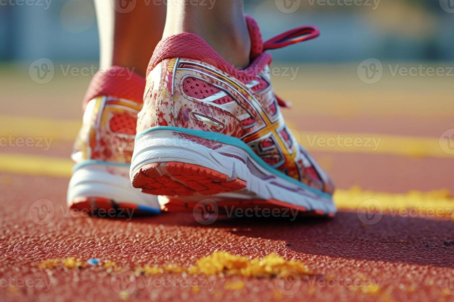 Close up view of runner sport shoes sprint running on track. Training for marathon. photo