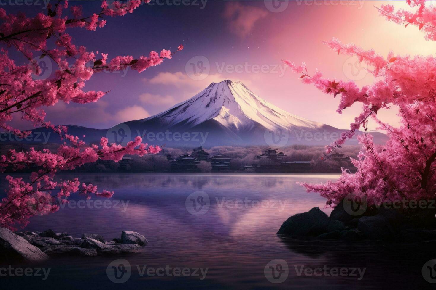 Fuji mountain view and cherry blossoms with reflection on the lake in spring. Generative AI photo