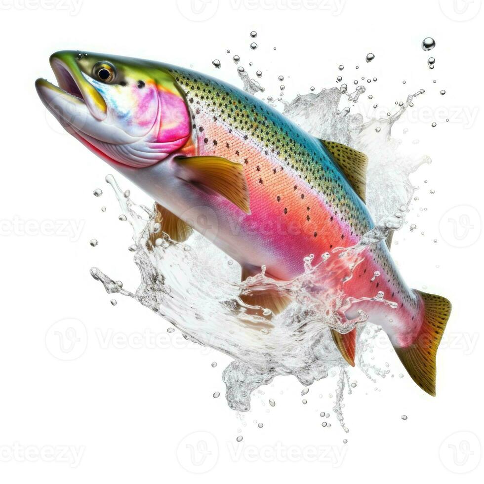 Rainbow trout jumping up and splashing on white background. Generative AI photo