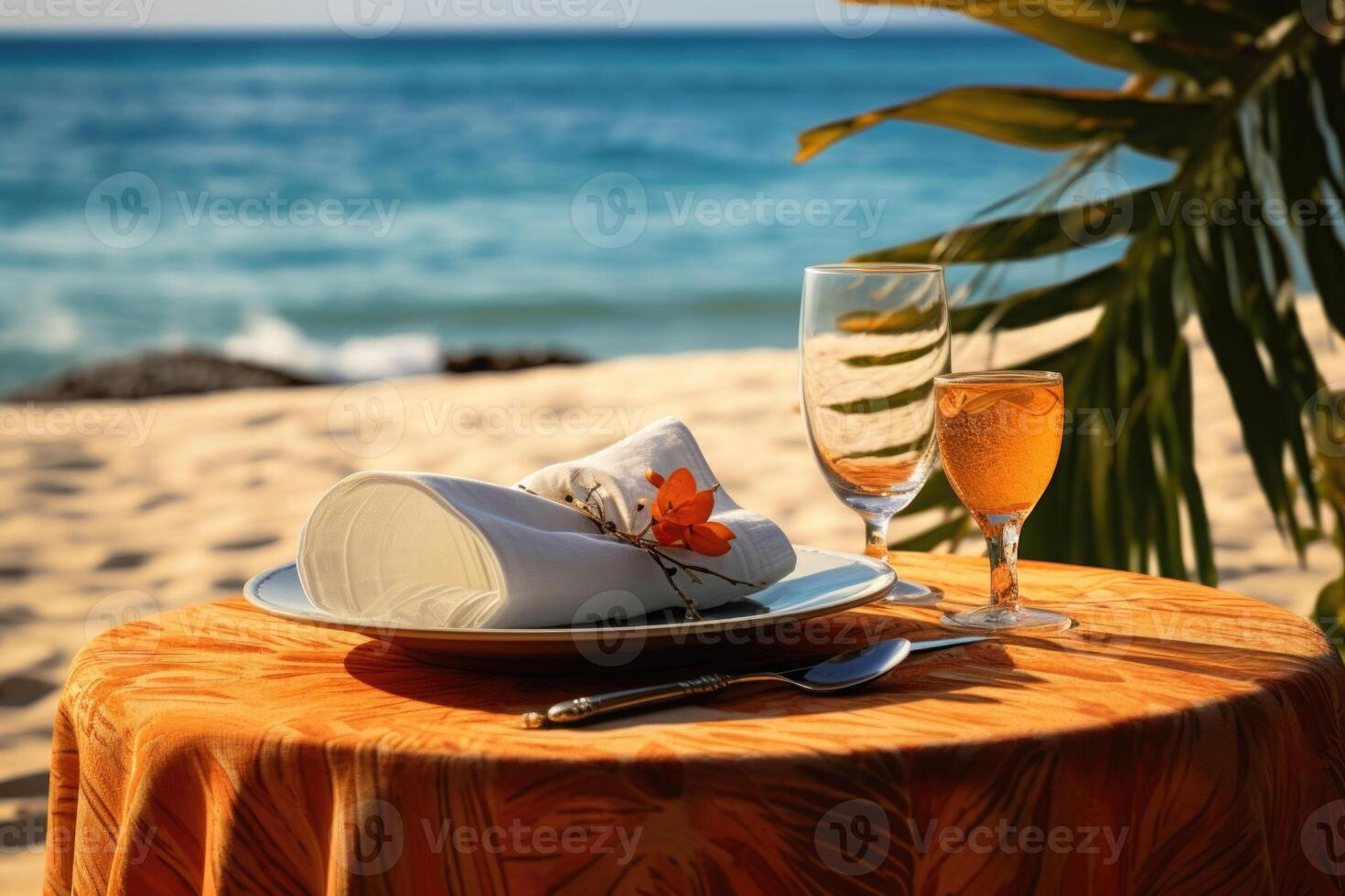 Table setting at tropical beach with blurred background. photo