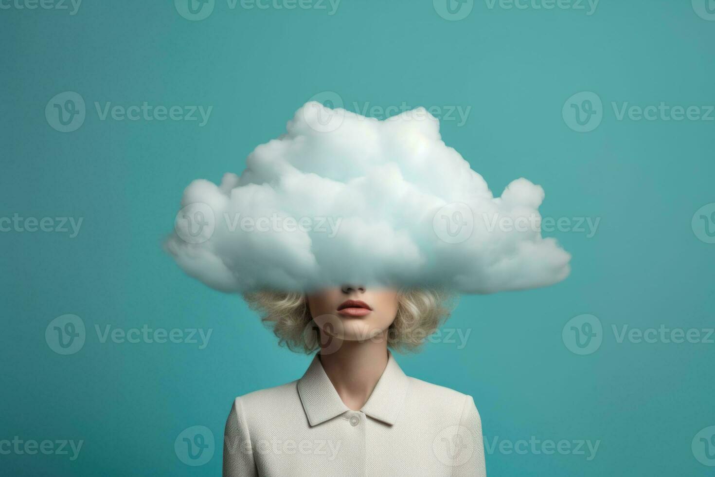 Woman with head in clouds. Generative AI photo
