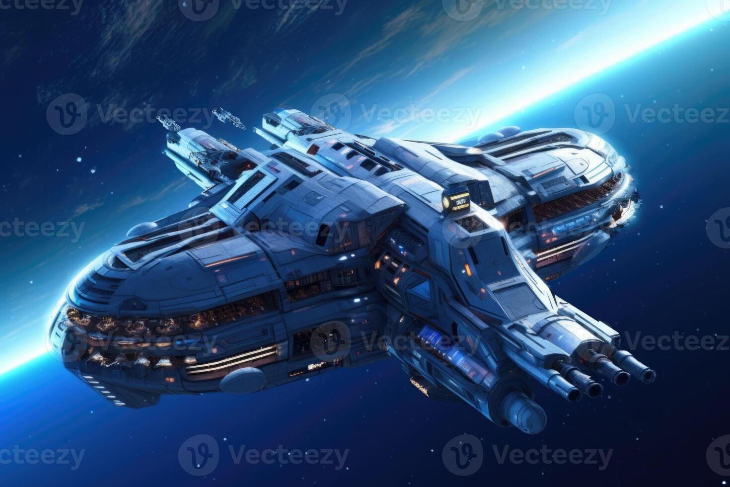 A futuristic intergalactic spaceship on the background of a blue planet. photo