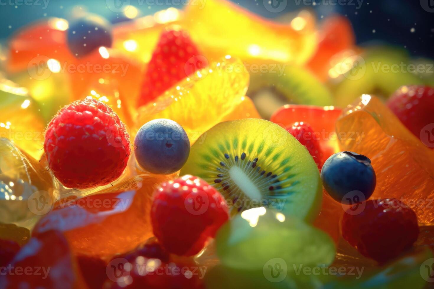 Extreme close up of an juicy fruit salad. Background of healthy fresh fruits. Generative AI photo