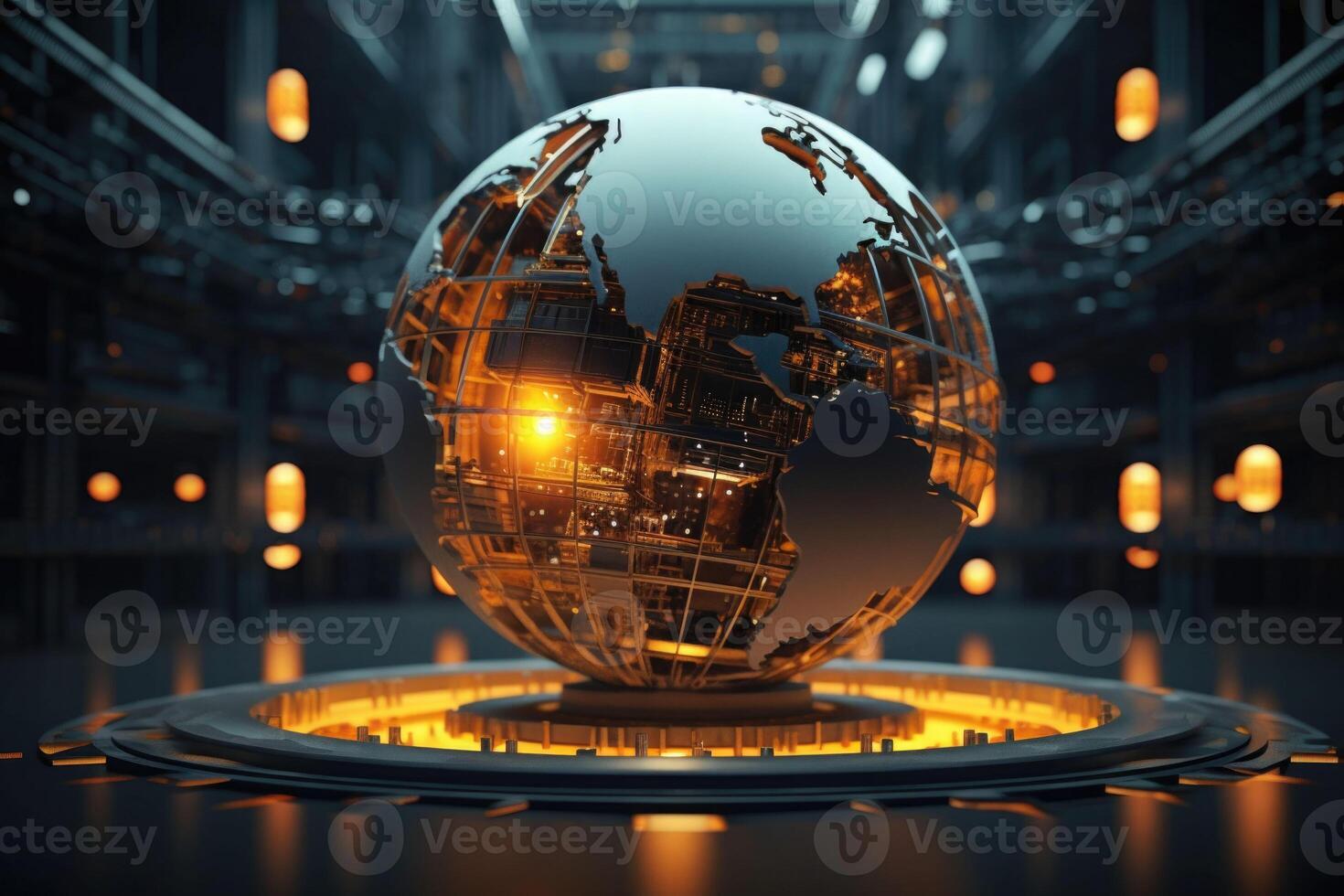 World globe in cyber world of information. Future and industry concept with communication and technology. photo