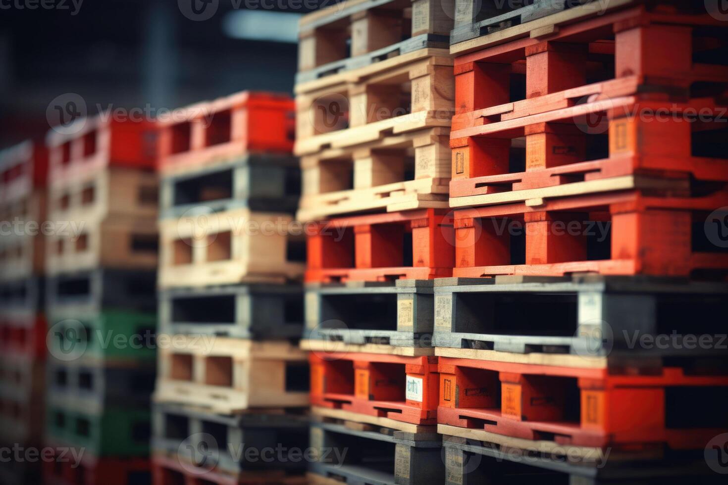 Wooden pallets stacked in a warehouse on blurred background. Generative AI photo