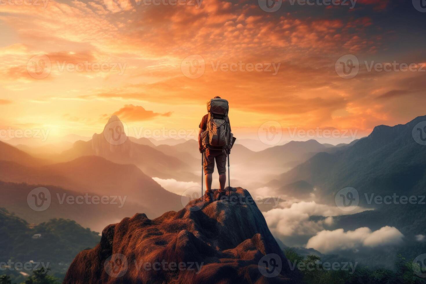 Tourist with backpack on the peak looks on the sunset. Sport and active life concept. photo