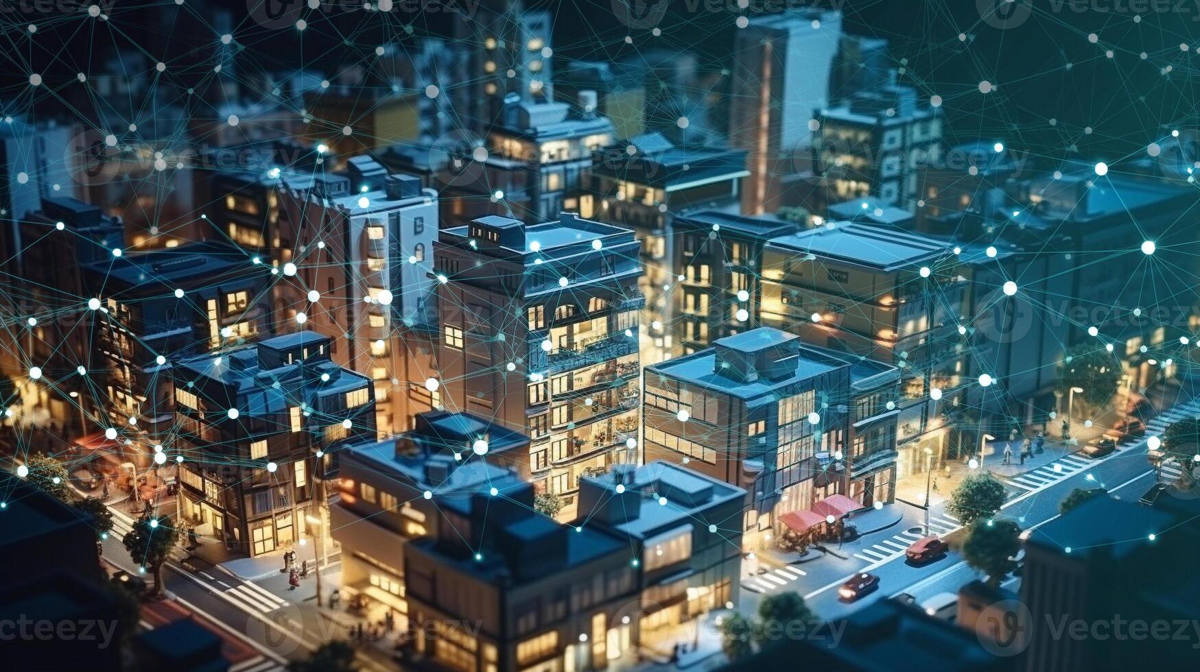 smart city in the night background. building with connection line. digital social network as modern house and office data communication. photo