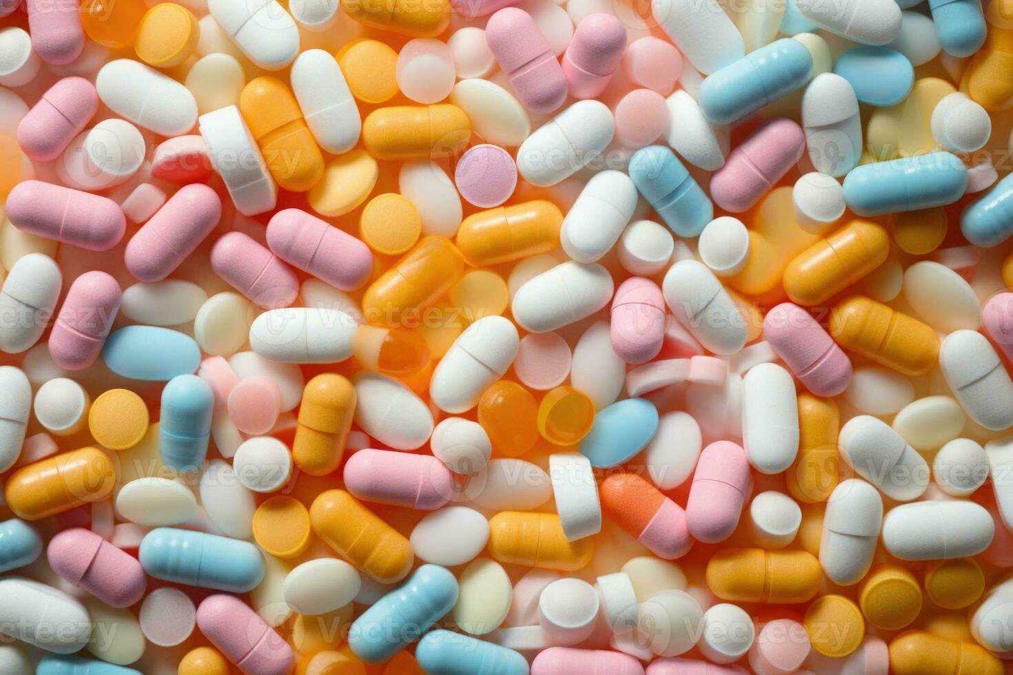 A lot of pills, close up background. Plastic capsules and tablets in pastel colors. Generative AI photo