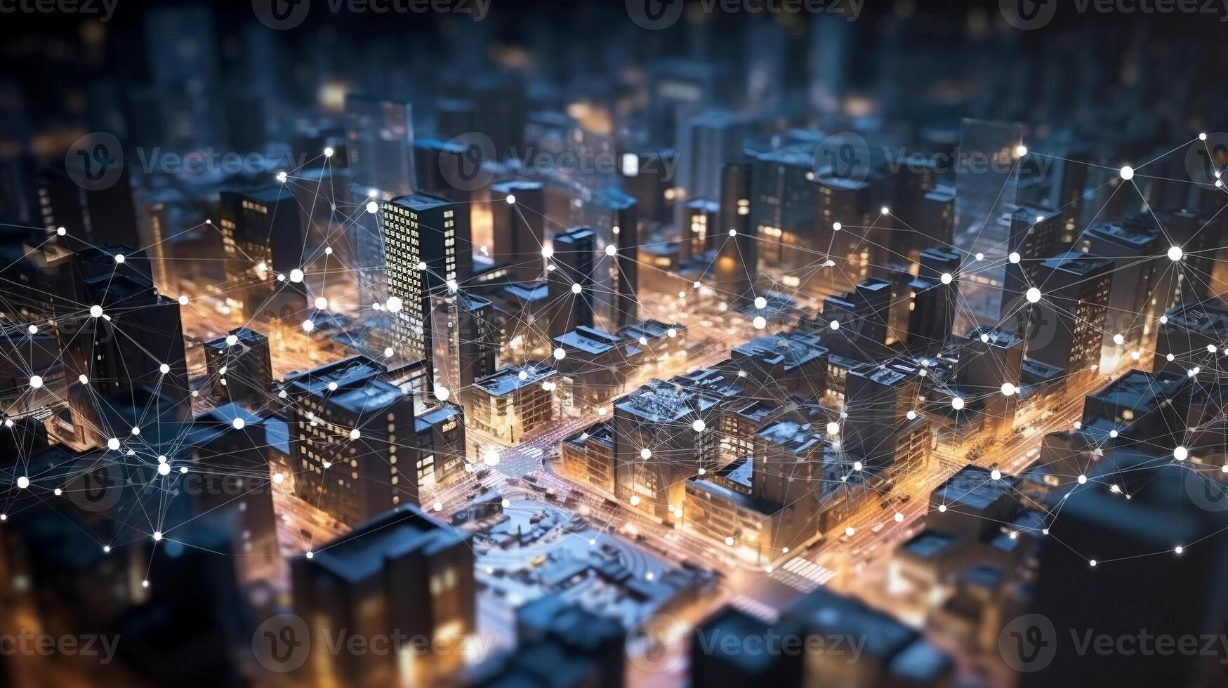 smart city in the night background. building with connection line. digital social network as modern house and office data communication. photo