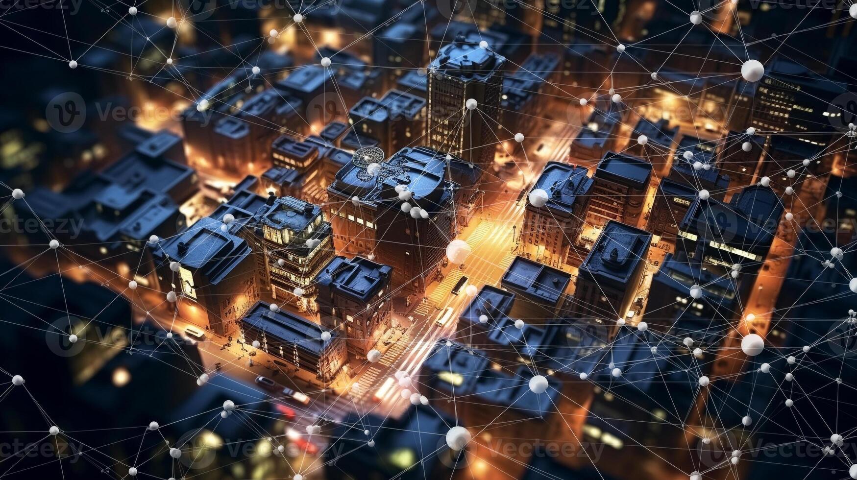 inteligente ciudad en el noche antecedentes. edificio con conexión línea. digital social red como moderno casa y oficina datos comunicación. generativo ai foto