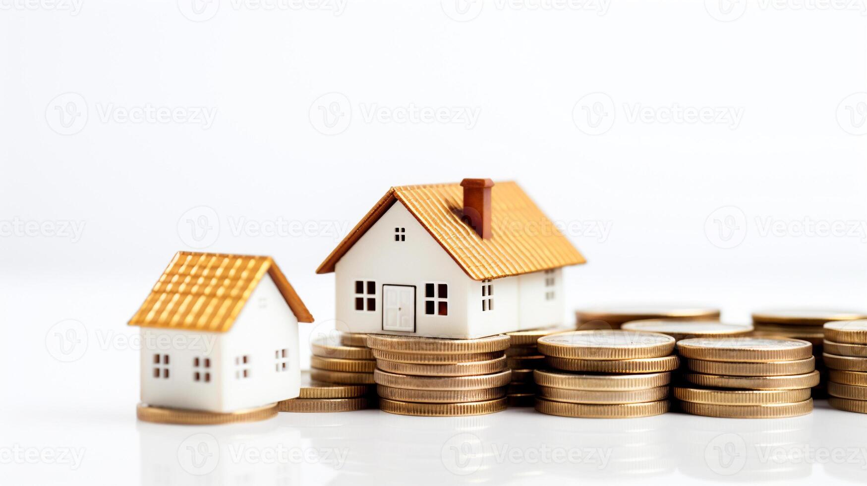 miniature house on pile of coins on white background with copy space. selective focus. saving money and property investment concept. generative AI photo