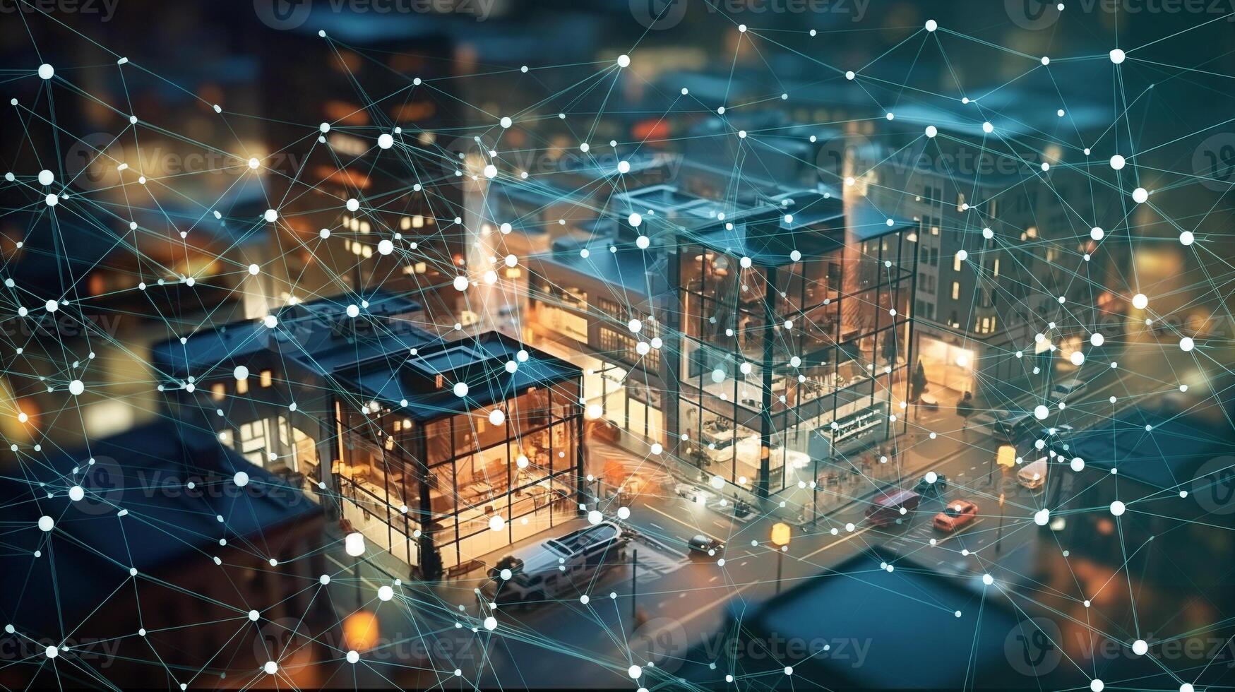 smart city in the night background. building with connection line. digital social network as modern house and office data communication. photo