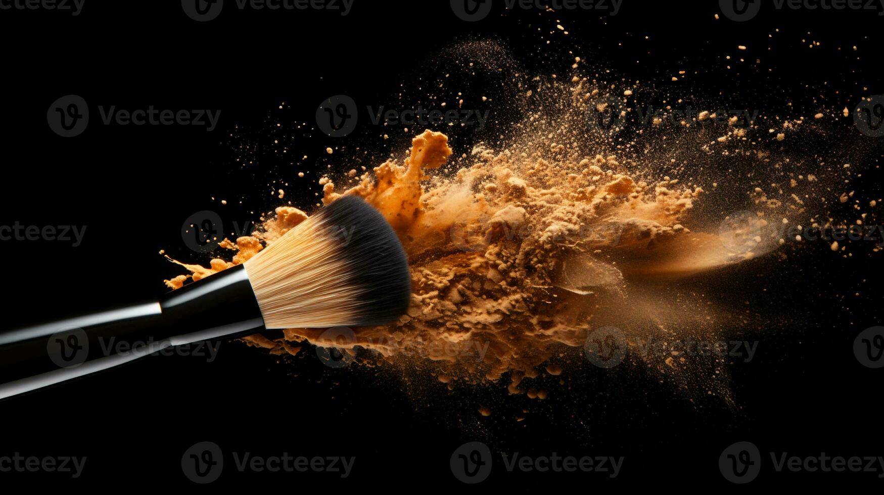 face brush with powder foundation on black background. facial cosmetics make up. generative AI photo