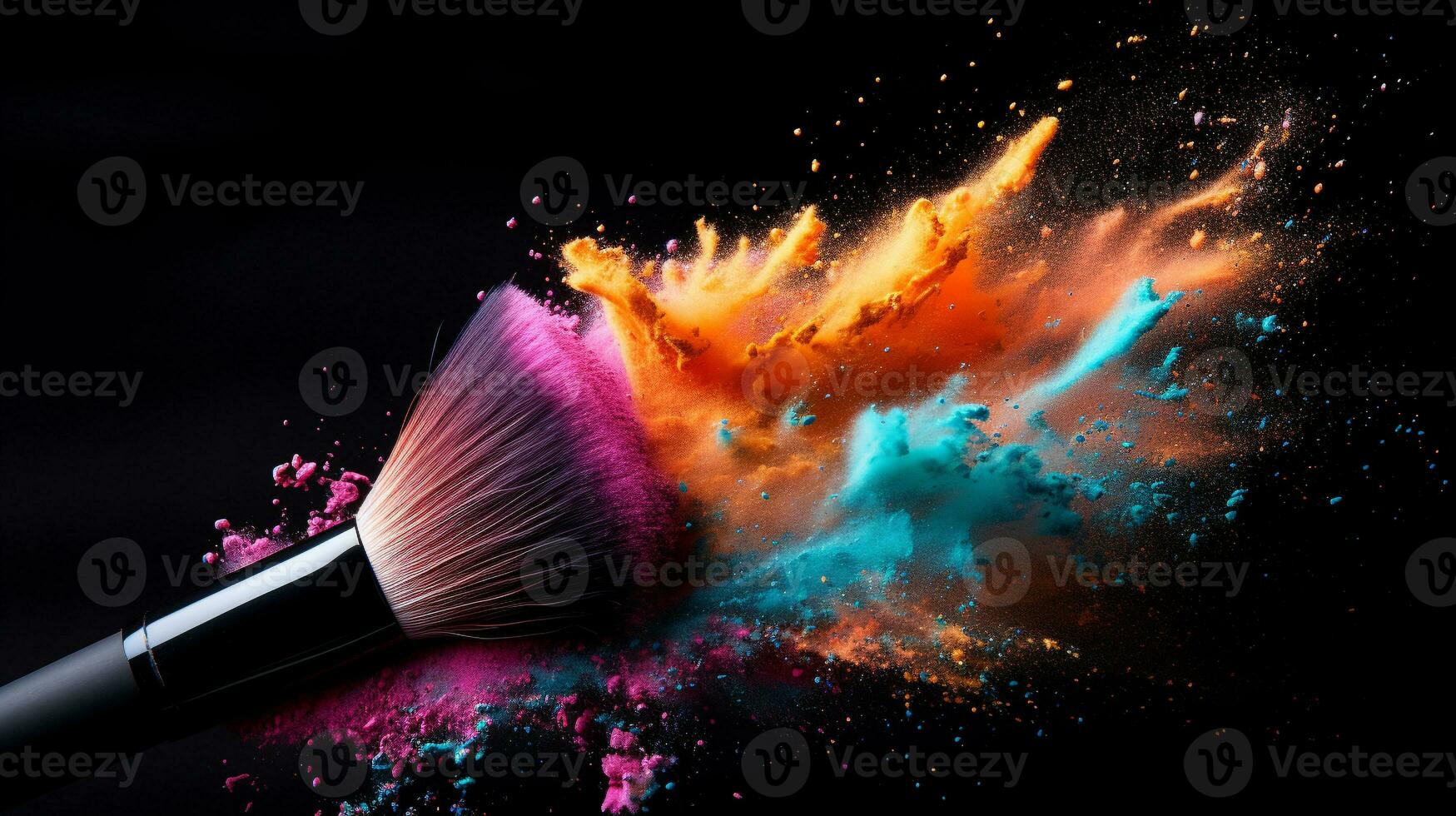 face brush with powder foundation on black background. facial cosmetics make up. generative AI photo