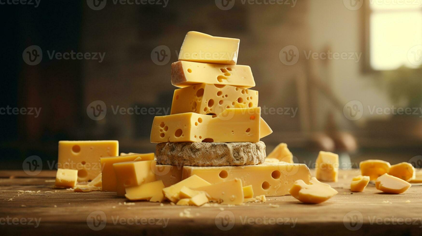 cheese on wooden table in kitchen. generative AI photo