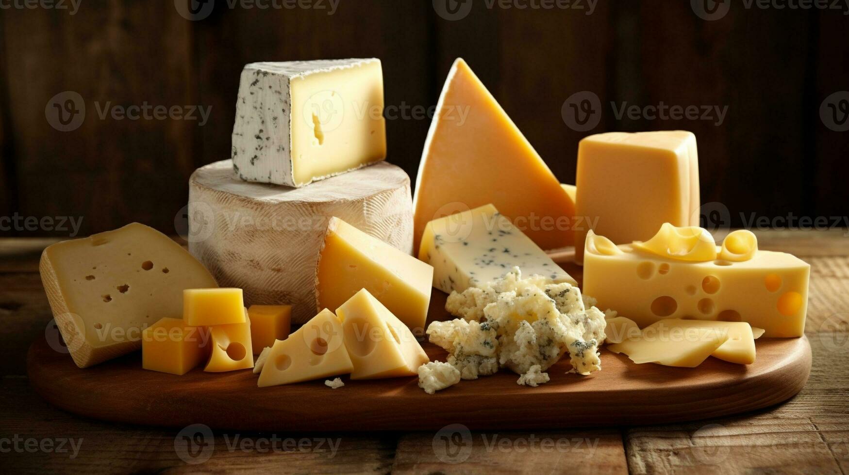 pile of cheeses on wooden board on dark background. generative AI photo