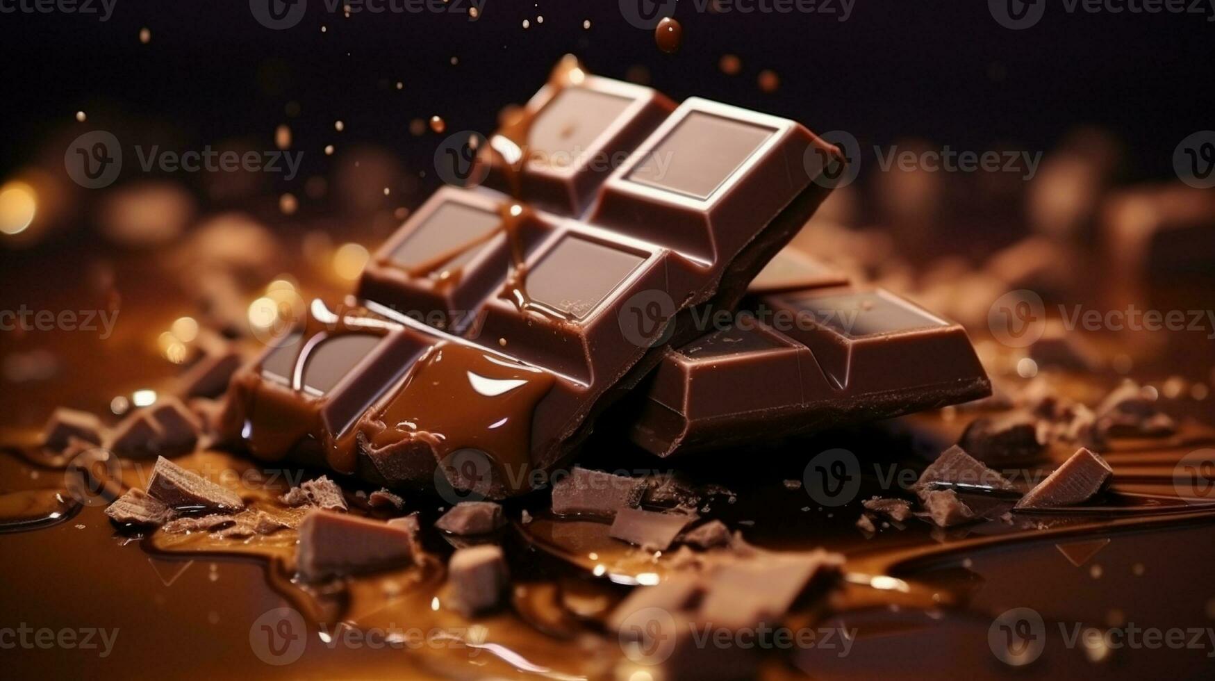 chocolate bar y Derretido chocolate chapoteo en oscuro antecedentes. cerca arriba y selectivo enfocar. generativo ai foto